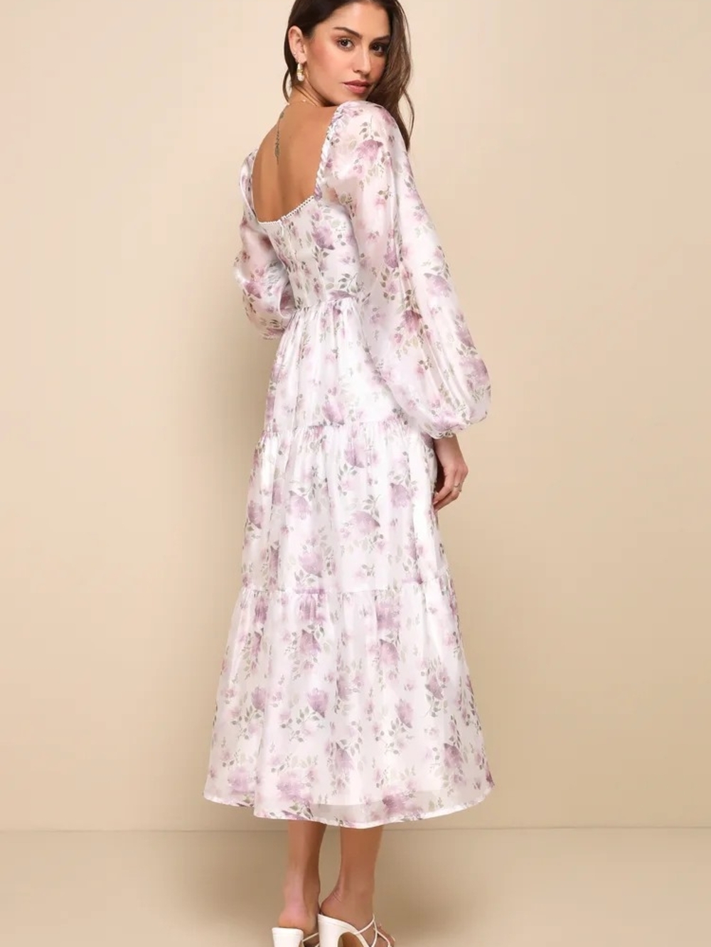 Lulu's Women's Size XL Lavender Floral Puff-Sleeve Midi Dress NWT - Picture 2 of 7